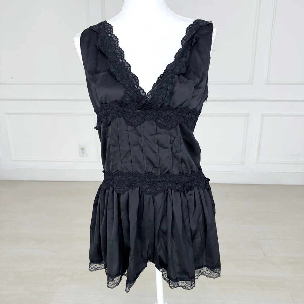 Black Mini Slip Dress Womens Large Lace Trim V-Neck Sleeveless Romantic Boho